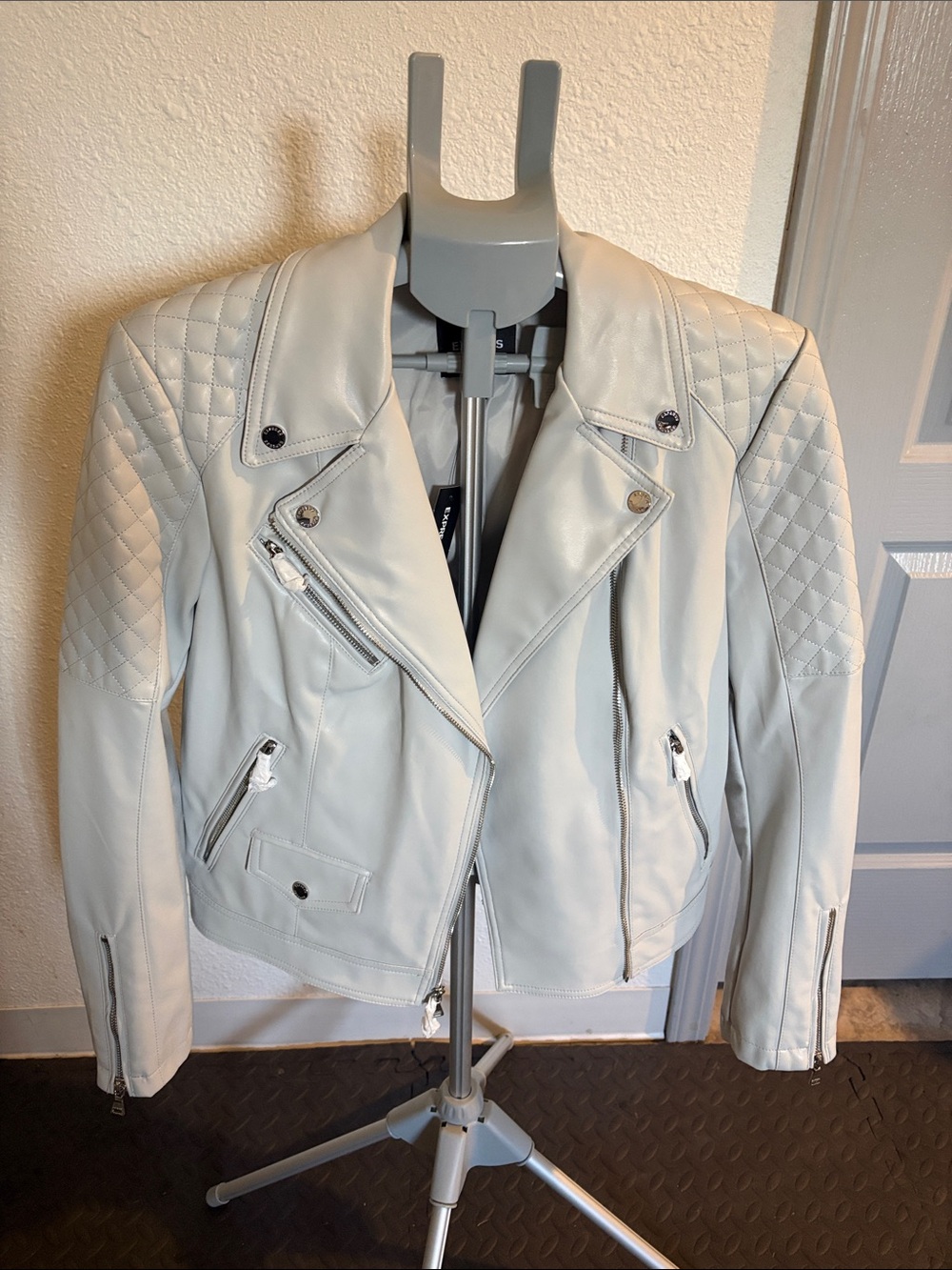 Express Light Gray Quilted Leather Moto Jacket